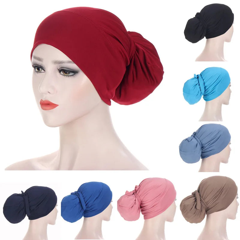 New Faon Women Spring Autumn Warm Hat Solid Color Tie-Wrap Headscarf Cap Outdoor Soild Female Muslim Hijabs Women Beanies