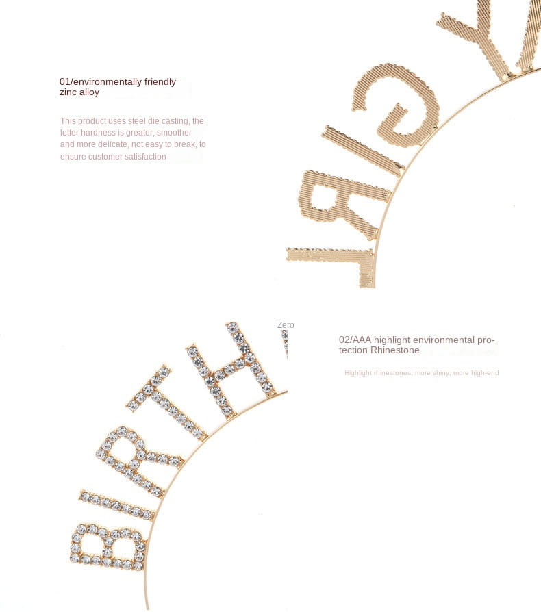 Guirnalda de letras en color dorado para cumpleaños, adornada con pedrería brillante aaa del Conjunto de Tiara y Banda con Pedrería para Chica de Cumpleaños.