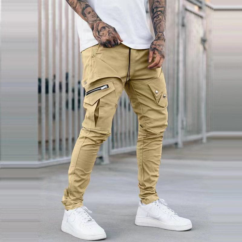 Herren-Tactical-Cargohosen in Khaki mit mehreren Taschen und einem Kordelbund, für den Freizeit- und funktionalen Gebrauch ausgelegt.