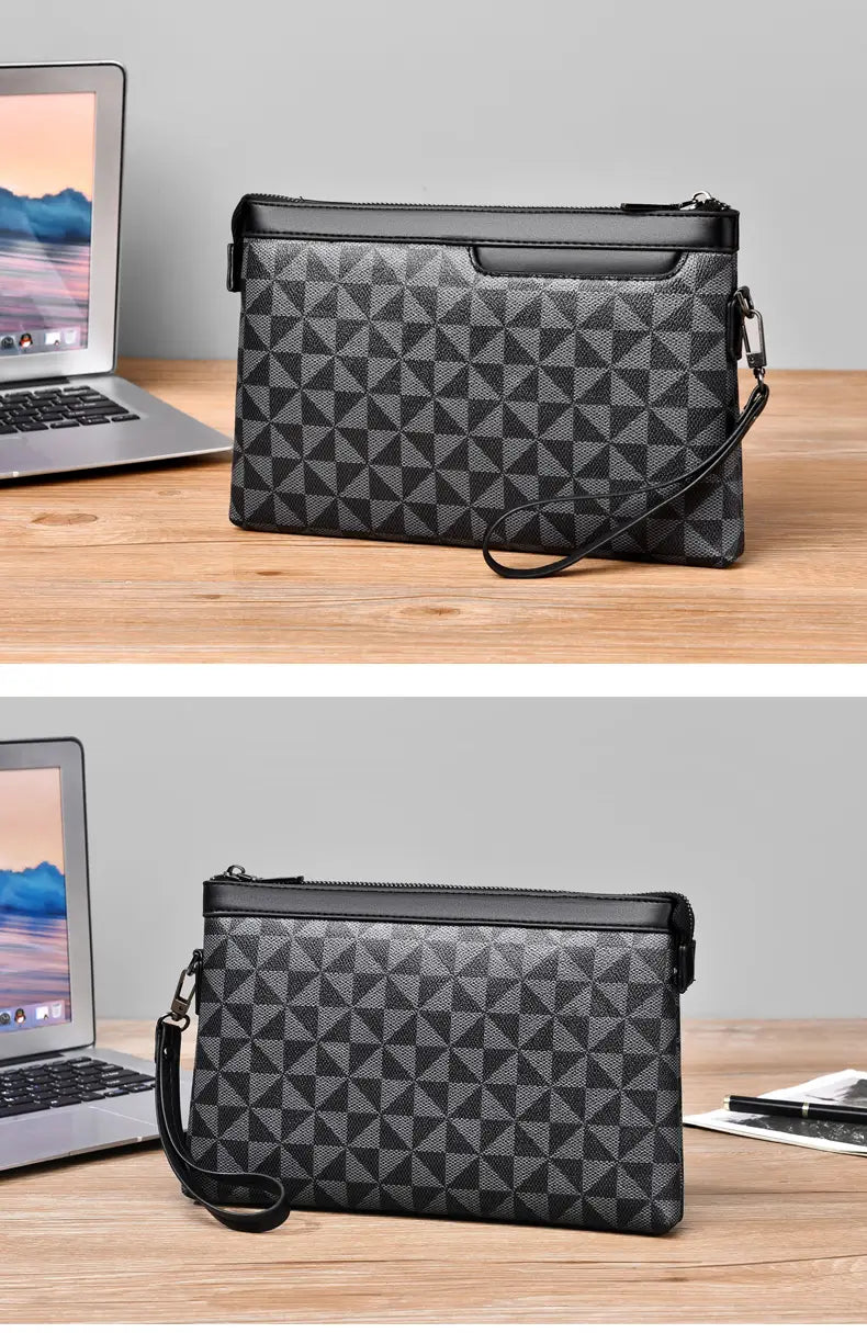 Black and gray geometric patterned pu leather men clutch bag showcasing a sleek pocket interior design.