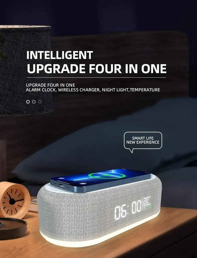 Gray textured wireless charging alarm clock with night light featuring a digital display showing time and temperature and a wireless charging function with power saving mode.