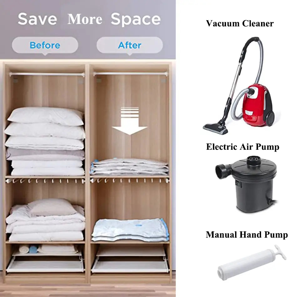 Aspirateur rouge avec tuyau et poignée noirs, conçu pour une utilisation avec des sacs de rangement à sac de compression avec pompe manuelle pour la literie et les vêtements