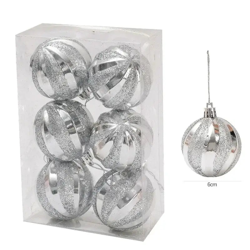 Christmas ball ornaments in a set of six feature silver glittery balls with a shiny metallic finish and red and white striped design packaged in clear plastic for use as christmas tree ornaments.