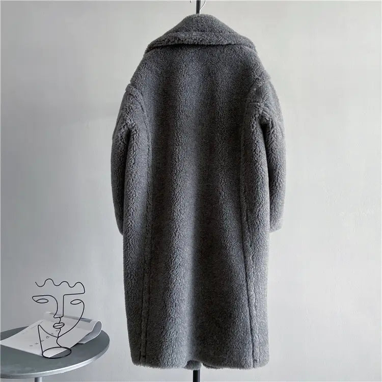 Abrigo exterior tipo osito de peluche largo para mujer de lana en gris medio, con exterior de lana polar acolchada, acogedora y clásica, y cuello clásico; diseñado para adaptarse a diversas medidas de contorno de pecho y contorno de cadera, con soporte de servicio de atención al cliente fiable.