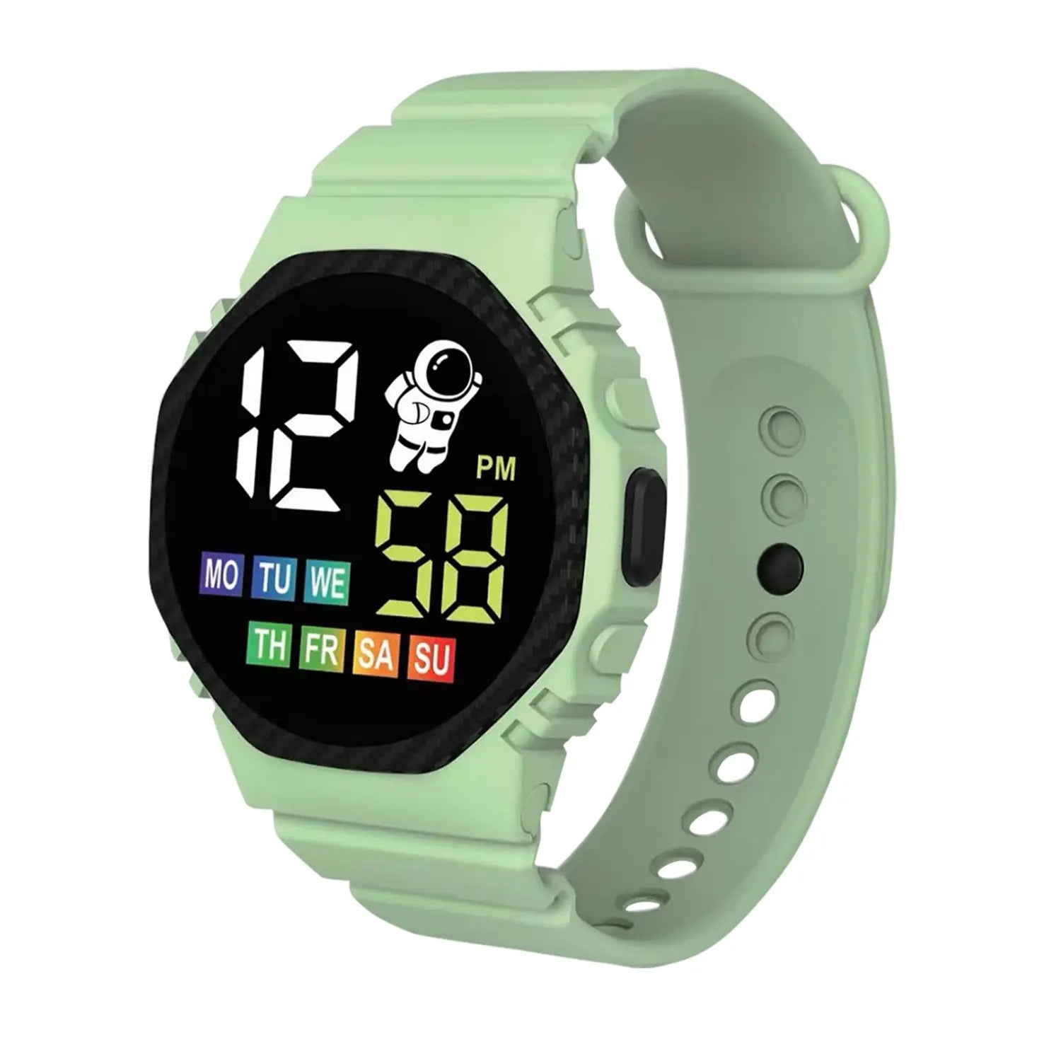 Light green silicone strap kids waterproof LED digital astronaut watch with a black face displaying time and day in colorful LED digits and an astronaut icon.