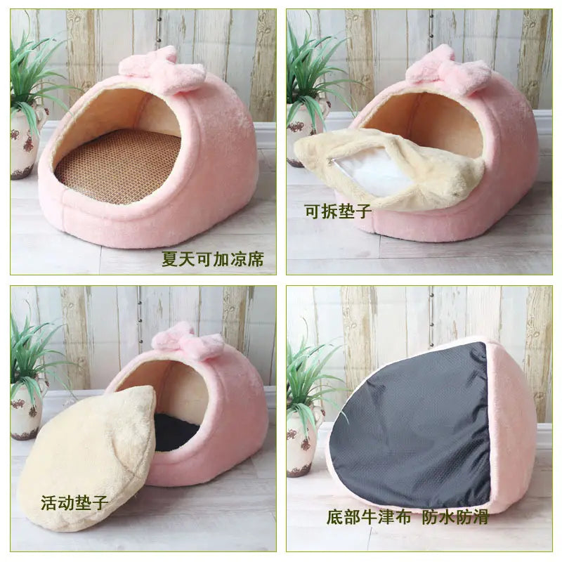 Pink plush foldable pet cave bed for small dogs and cats with a bow on top and removable cushion