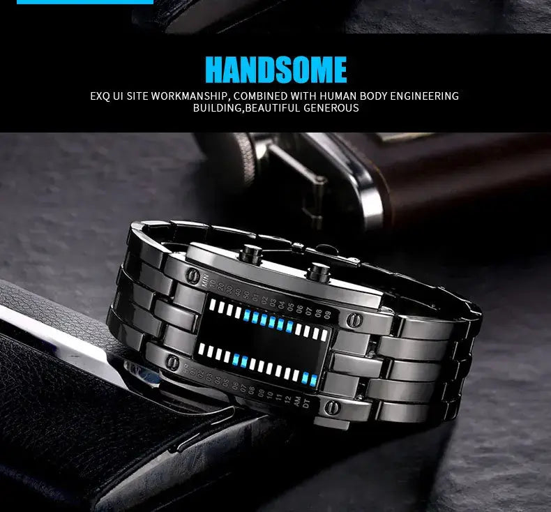 Black digital binary led men watch with sleek metallic stainless steel band and glowing blue led display.