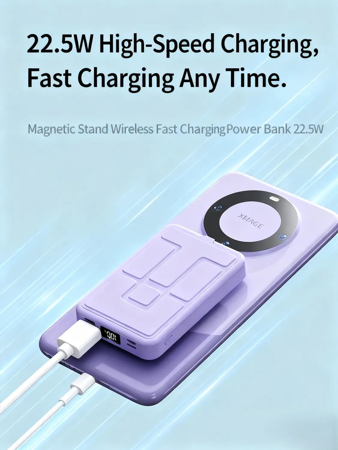 Lavendelfarbene kabellose Ladegerät-Powerbank mit Ständer mit schlankem rechteckigem Design, strukturierter Oberfläche und Schnellladefunktion.