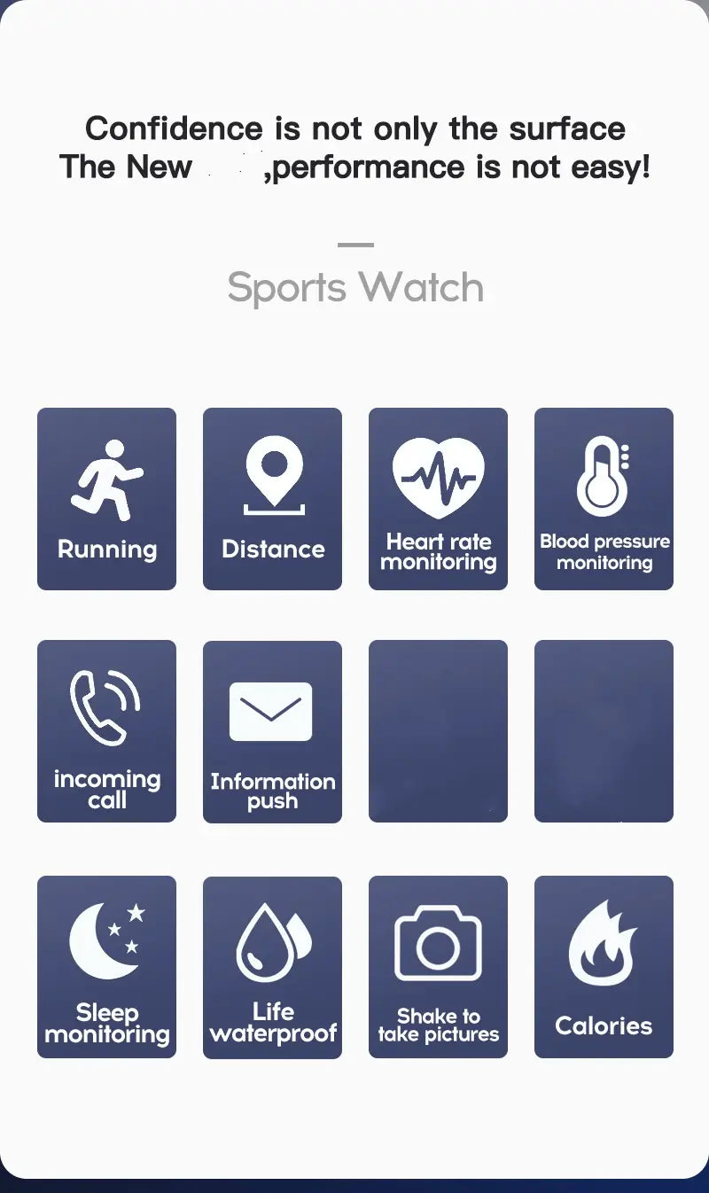 Smart watch fitness tracker bluetooth sport bracelet in black with sleek design features heart rate monitoring blood pressure measurement sleep analysis distance tracking calorie counting waterproof capability incoming call alerts information push notifications and photo capture via shake.