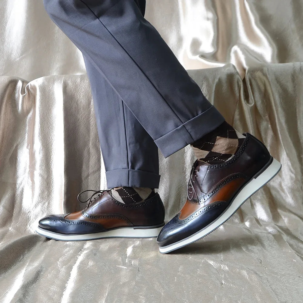 Men's Dress Sneakers Genuine Leather Italian Full Grain Cowhide Wingtip Brogue Oxfords Business Casual Formal Shoes Brown / Blue