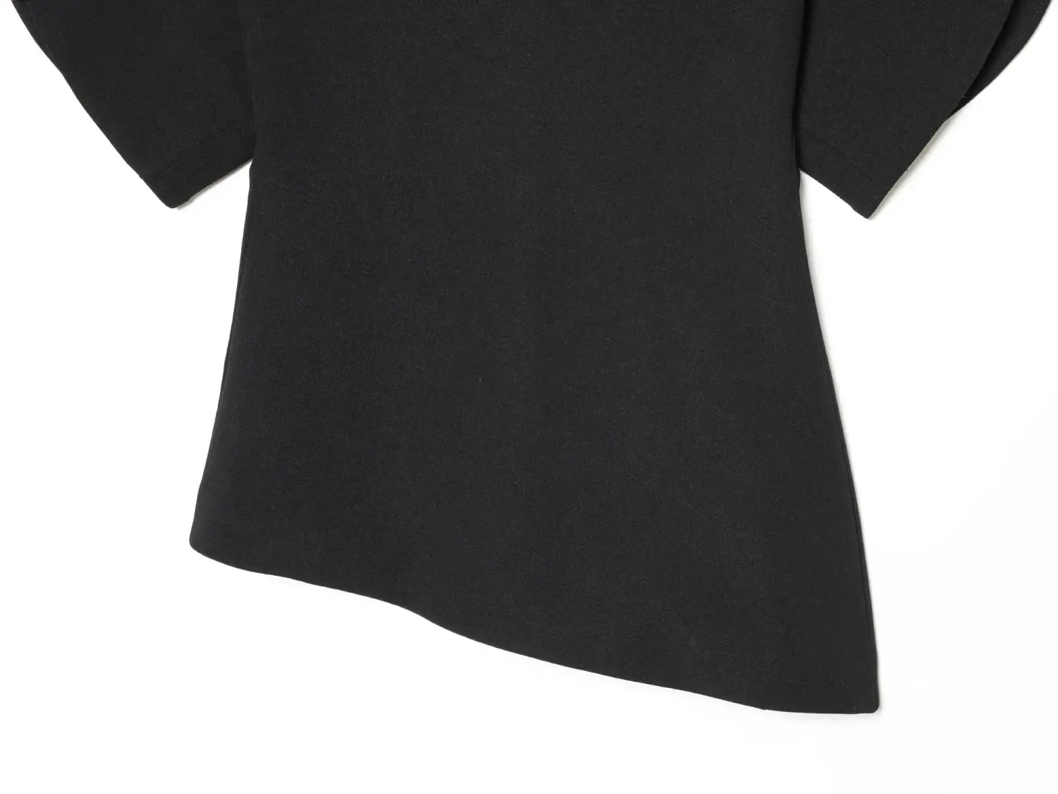 black short-sleeved top with a sleek asymmetrical hemline featuring a casual loose puff sleeve style perfect for summer wear