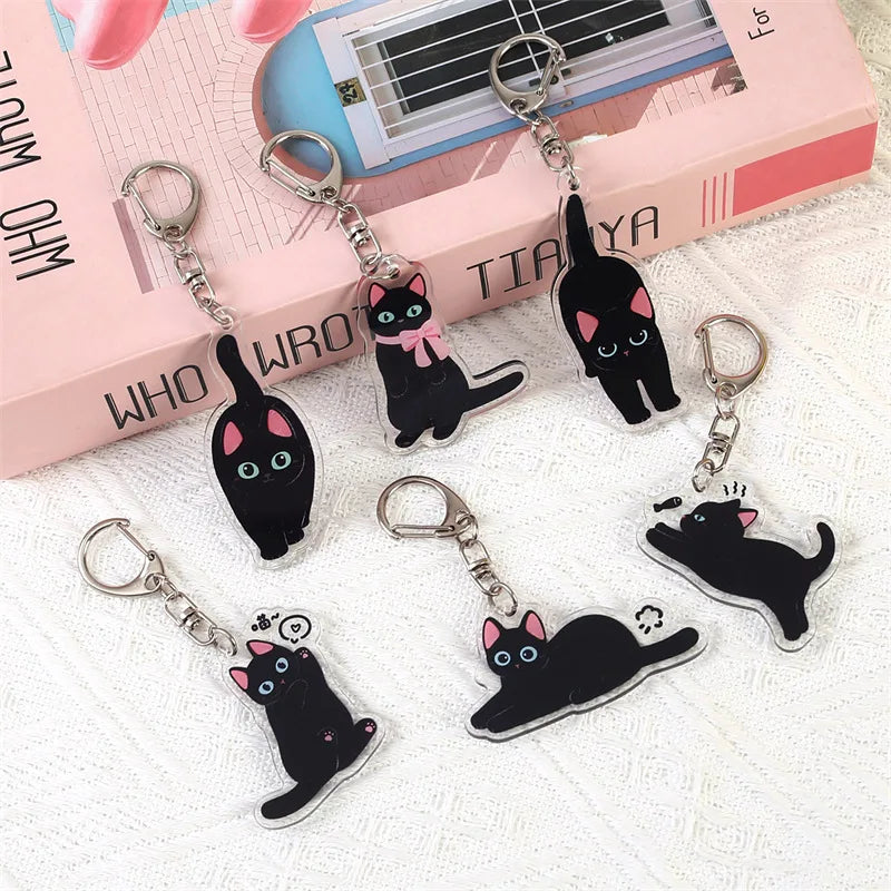 Cute Black Cat Acrylic Keychains Cartoon Animals Kitten Charm Bag Backpack Pendant Car Keyring for Men Women Aaccessories Gifts