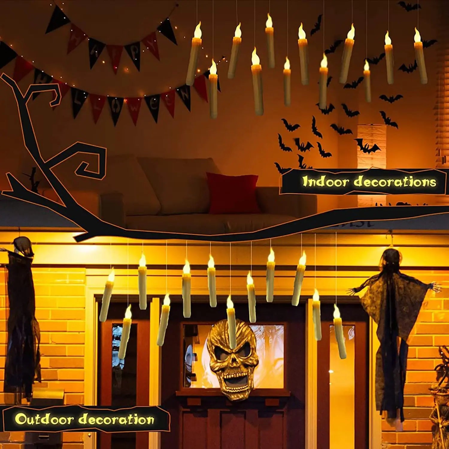 string of hanging beige wax-like floating candles with flickering yellow LED flames controlled by magic wand remote for decorative lighting.