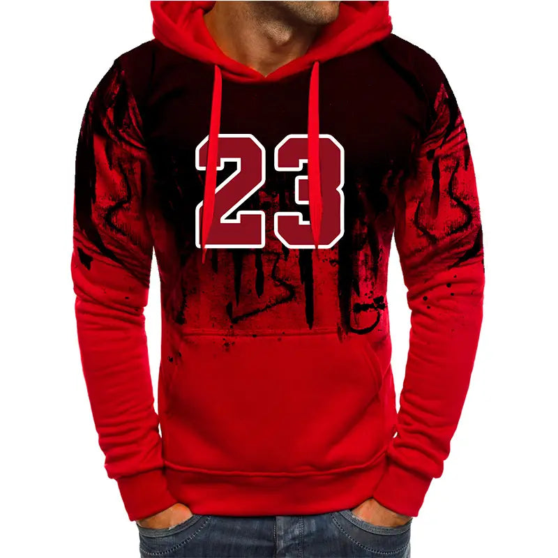Ensemble sweat à capuche et jogging pour homme portant le numéro 23, avec un sweat à capuche dégradé rouge et noir, et un graphique rouge 23 souligné de blanc audacieux sur la poitrine.