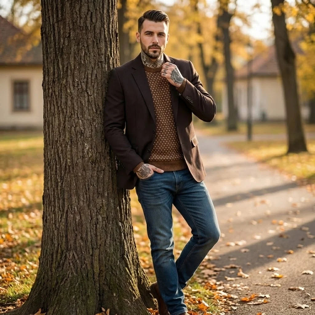 Homme portant une veste en daim pour homme marron foncé par-dessus un pull à motifs et un jean bleu, mettant en avant une veste de costume vintage style business décontracté.