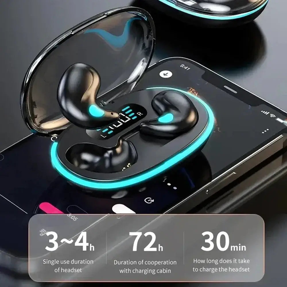 Schwarze X55 TWS kabellose Bluetooth-Ohrhörer mit leuchtenden türkisfarbenen Akzenten, ruhen in einem eleganten glänzenden Ladeetui.