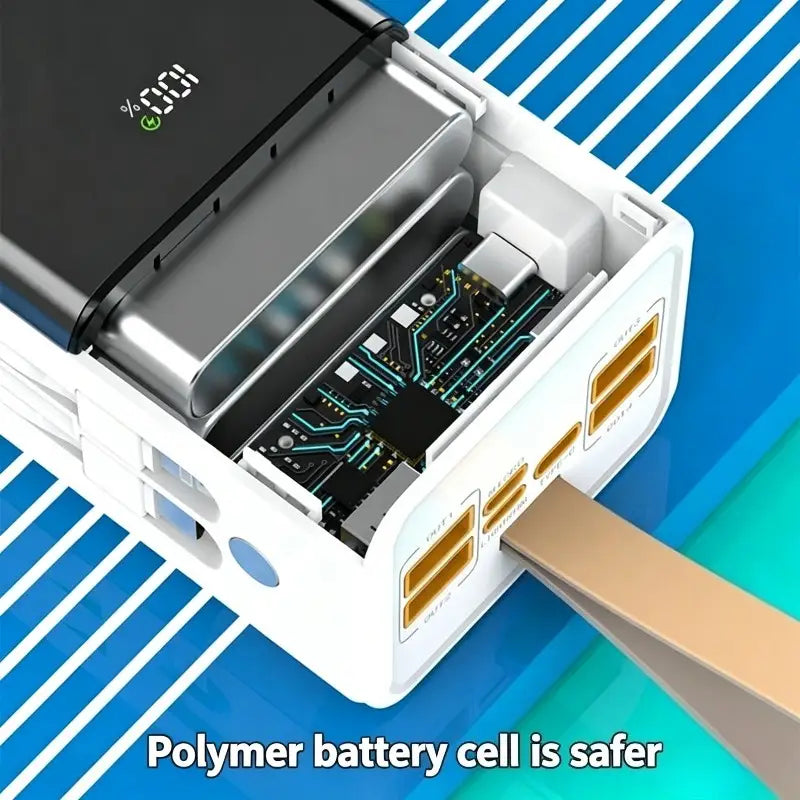 White portable 60000mah power bank with black and silver battery cell, multiple usb ports on the side, and an illuminated digital display showing 100 percent charging for 120w 60000mah power use.