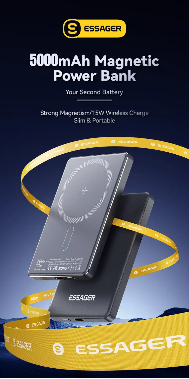 Essager wireless power bank magsafe 20w 5000mah with a sleek black finish and circular magnetic wireless charging pad.