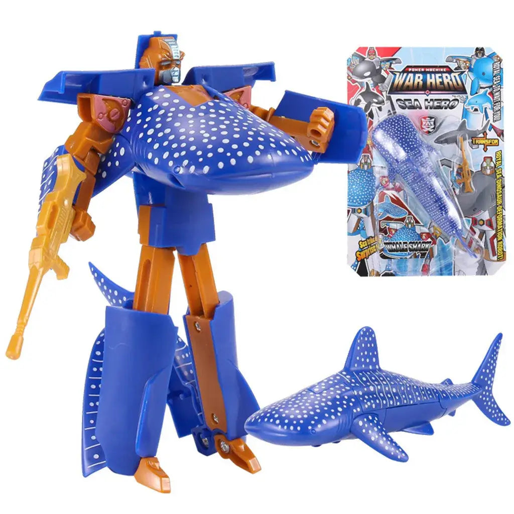 Blue and orange whale shark-themed robot toy with white spots shown as finished goods in both transformed robot form and separate shark figure.