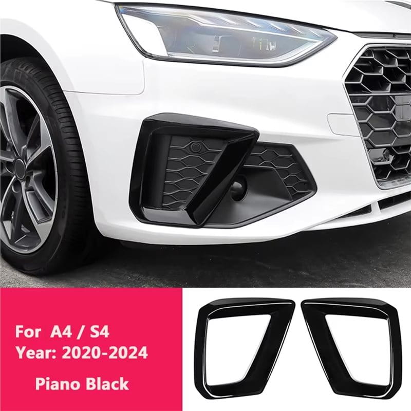 Piano black plastic front bumper fog light cover trim for Audi A4 S4 2020 2024 models shown from the back side.