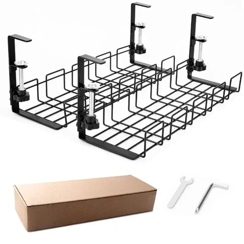 black metal wire under desk cable management tray with adjustable clamp mounts for organized storage and cable routing