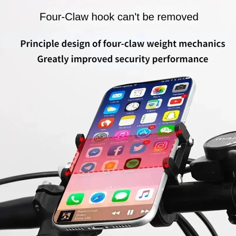 Soporte para teléfono para bicicleta de metal negro con diseño de gancho de cuatro garras de fijación segura e irremovible, para una sujeción estable del smartphone en el manillar.