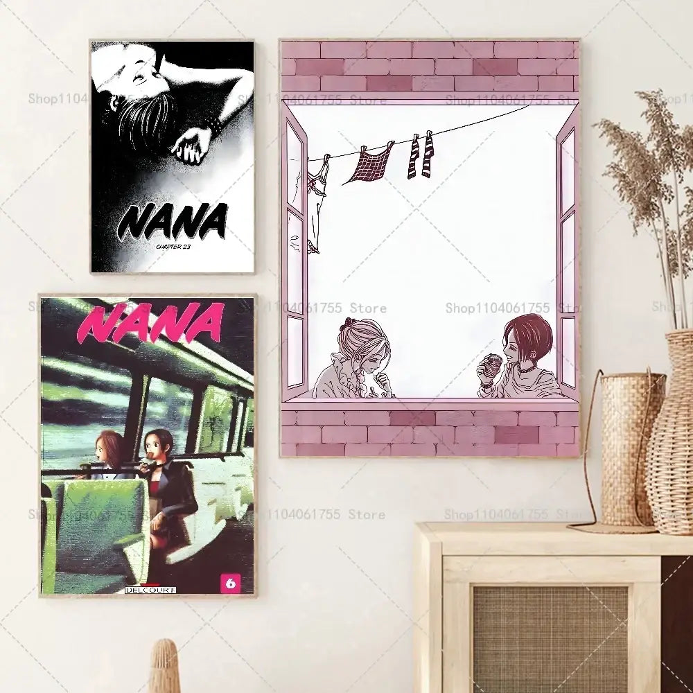 Three framed classic anime nana posters featuring black and white and colorful chapter designs for wall decor