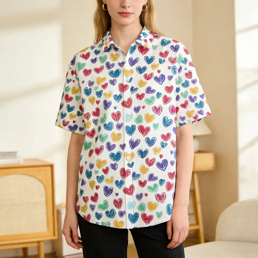 Valentine's Day Themed Men's & Women's Casual Shirt Romantic Short Sleeve Red Pink White Heart Print Loose Fit Button Down Shirt