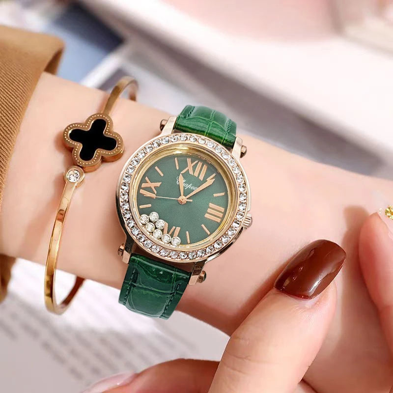 New Trendy Vintage Green Watch for Women, Stylish and Waterproof, with a Luxurious Diamond-Studded Design, Niche Camellia Style, Small Green Watch for Women, with Happy Diamonds
