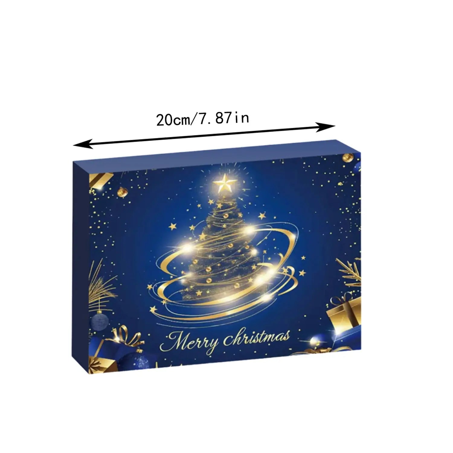 a rectangular blue christmas advent calendar jewelry gift set canvas featuring a golden glowing tree design with merry christmas text