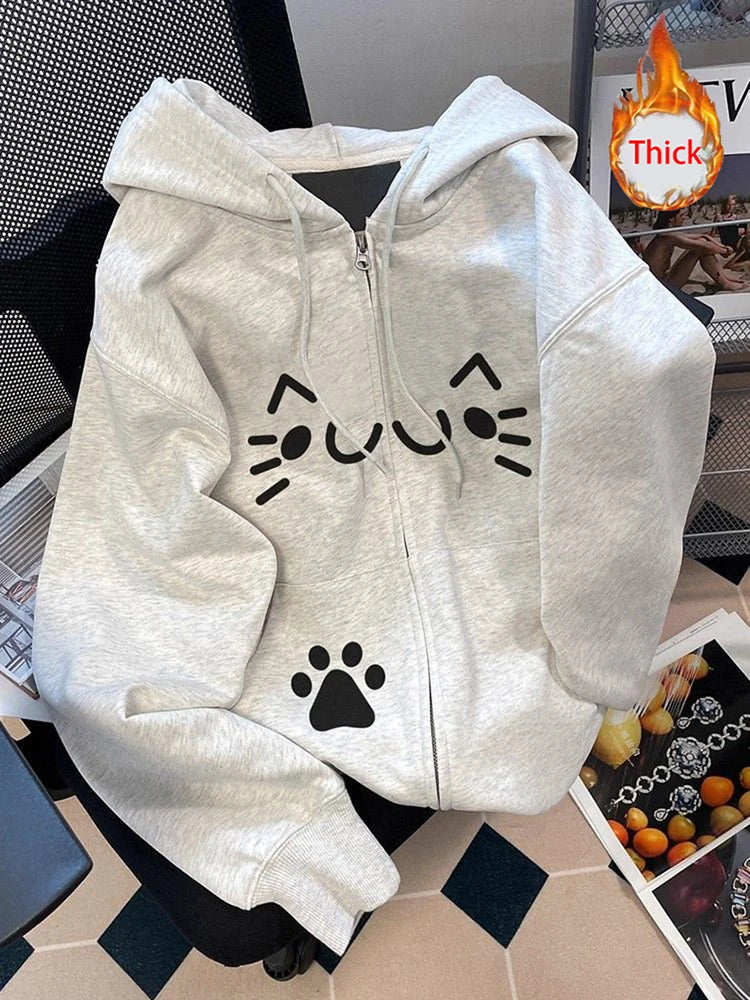 Women Cute Print Hoodies Winter Thick Warm Loose Preppy Style Kawaii Sweatshirts Casual Long Sleeve Female Sweet Zipper Chic Top