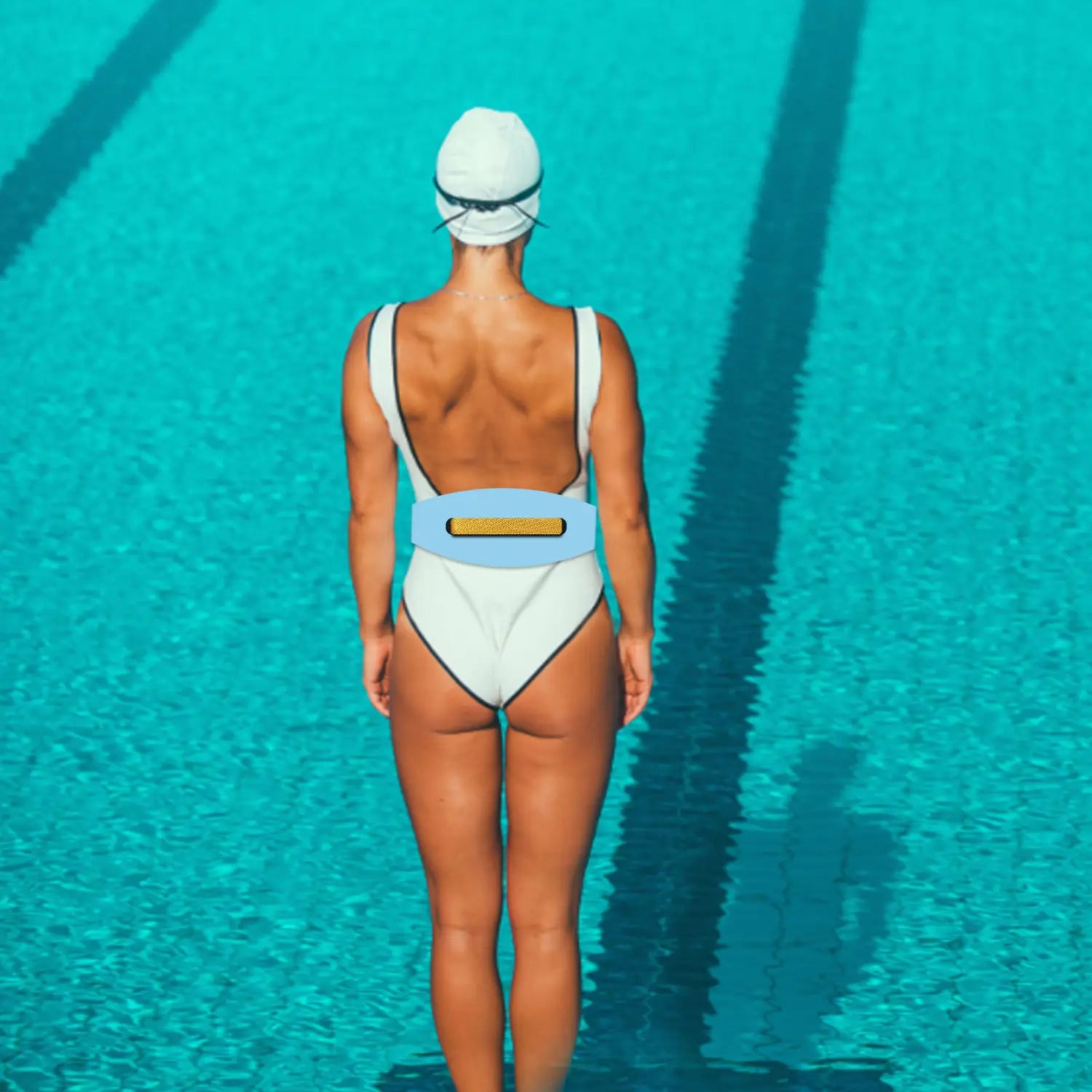 white one-piece swimsuit with black trim and a light blue adjustable swim buoyancy belt for training float.