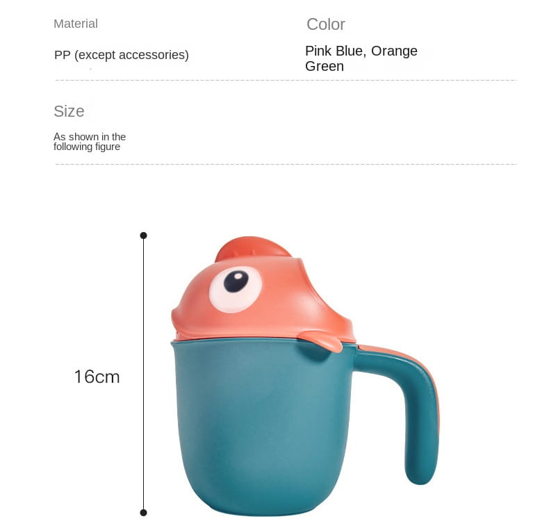Taza de enjuague para baño de bebé de plástico en color turquesa, con una tapa con forma de pez coral que presenta un ojo grande y aletas pequeñas para utilizarla como cabezal de ducha con forma de pez.