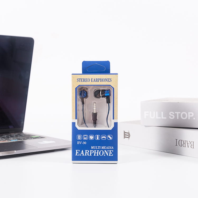 Blau-schwarze EV-30 verkabelte In-Ear-Kopfhörer mit Mikrofon; Merkmal: ein geflochtenes Kabeldesign und ein 3,5-mm-Anschluss für einen klaren Stereoklang.