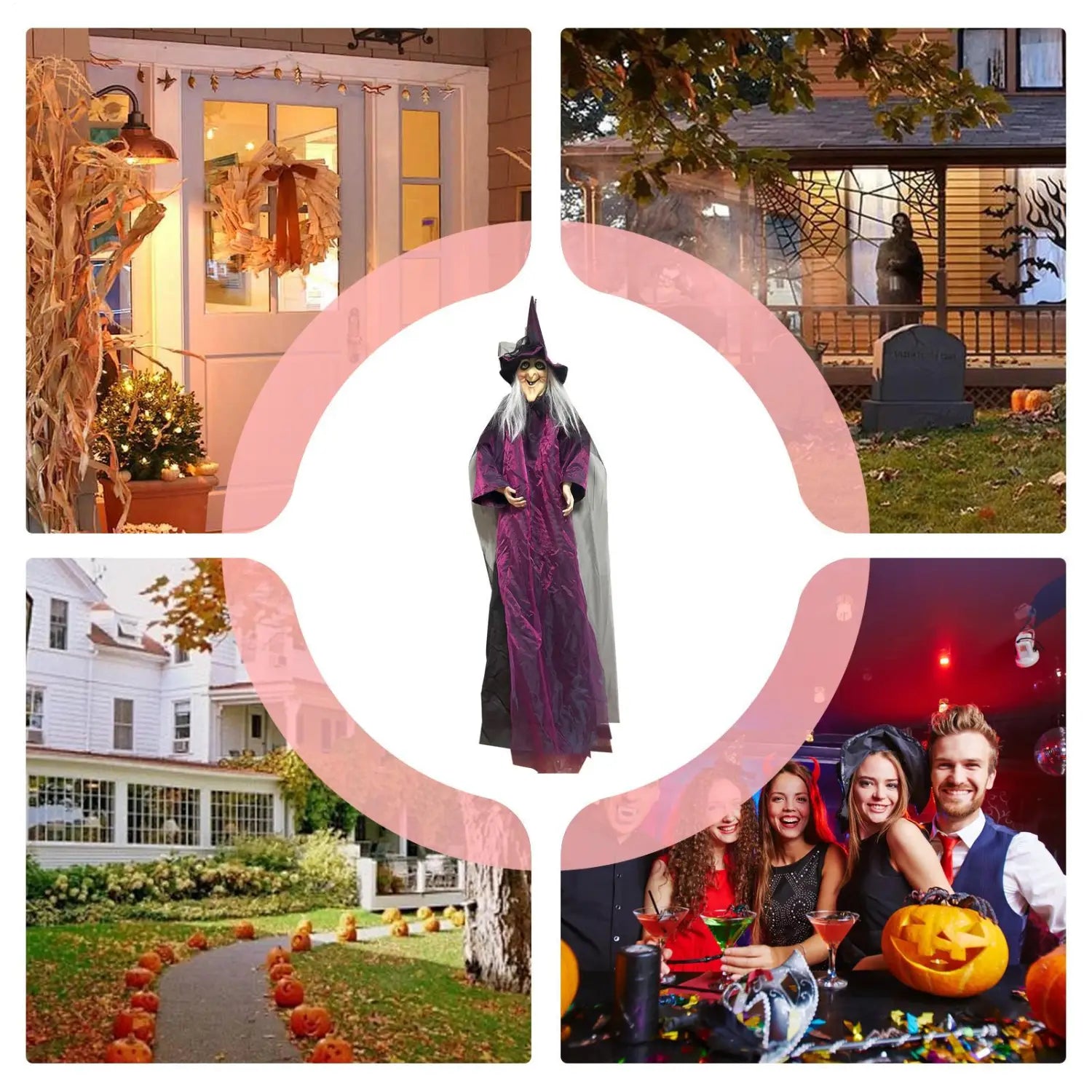 accessoire de sorcière d’Halloween grand format en velours violet, avec un chapeau pointu noir et une longue cape fluide, conçu pour être à activation sonore pour la décoration d’Halloween