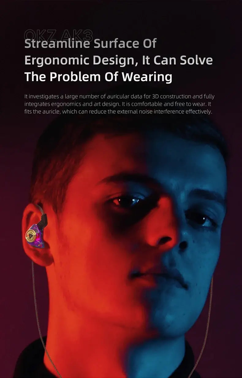 Écouteurs intra-auriculaires filaires Qkz AK3, dotés d’un design ergonomique élégant et d’accents violets vibrants sur l’écouteur.