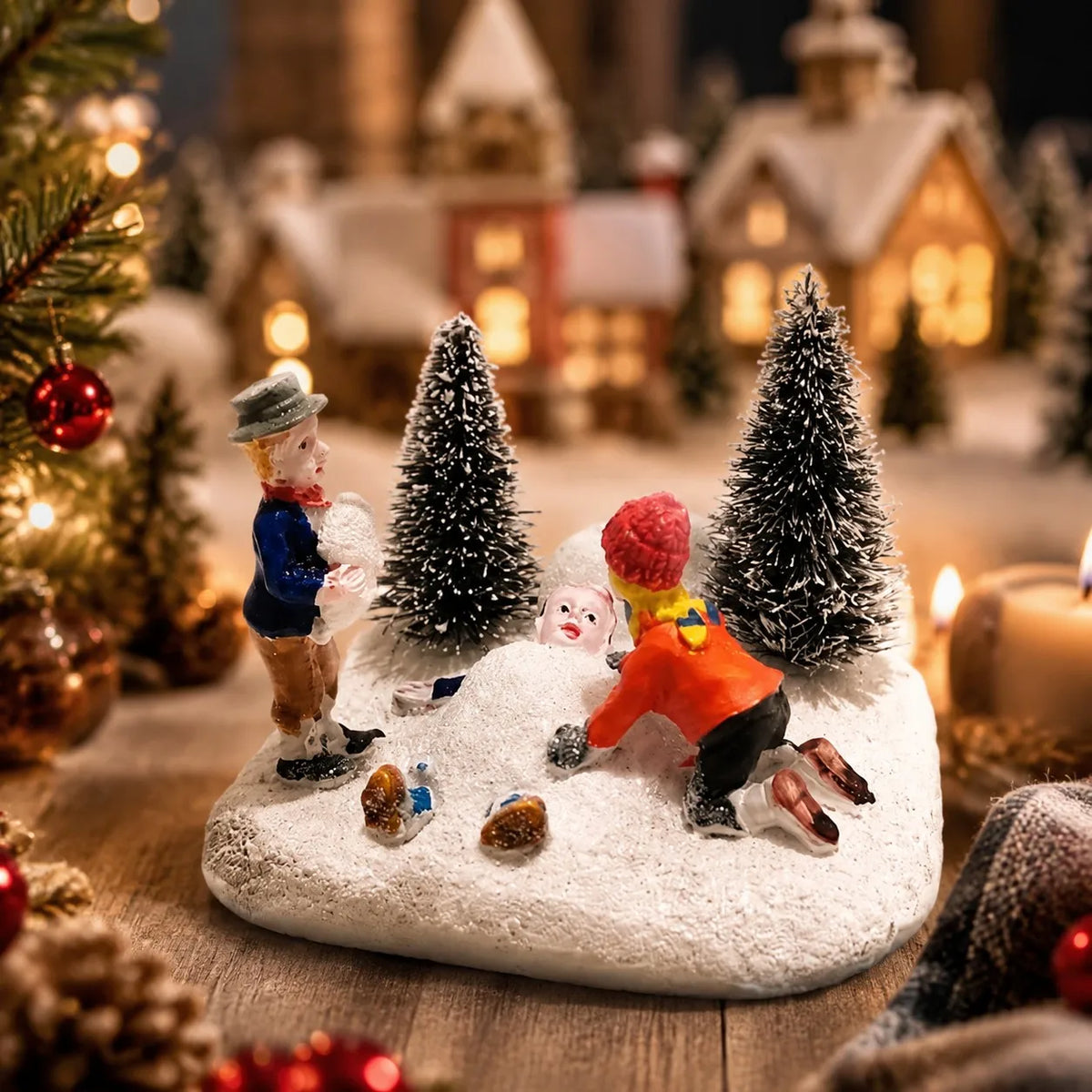Christmas Village Set Accessories, Kids Playing Figurine, Collectible Building Scene Decoration, Home Fireplace, Holiday Decor