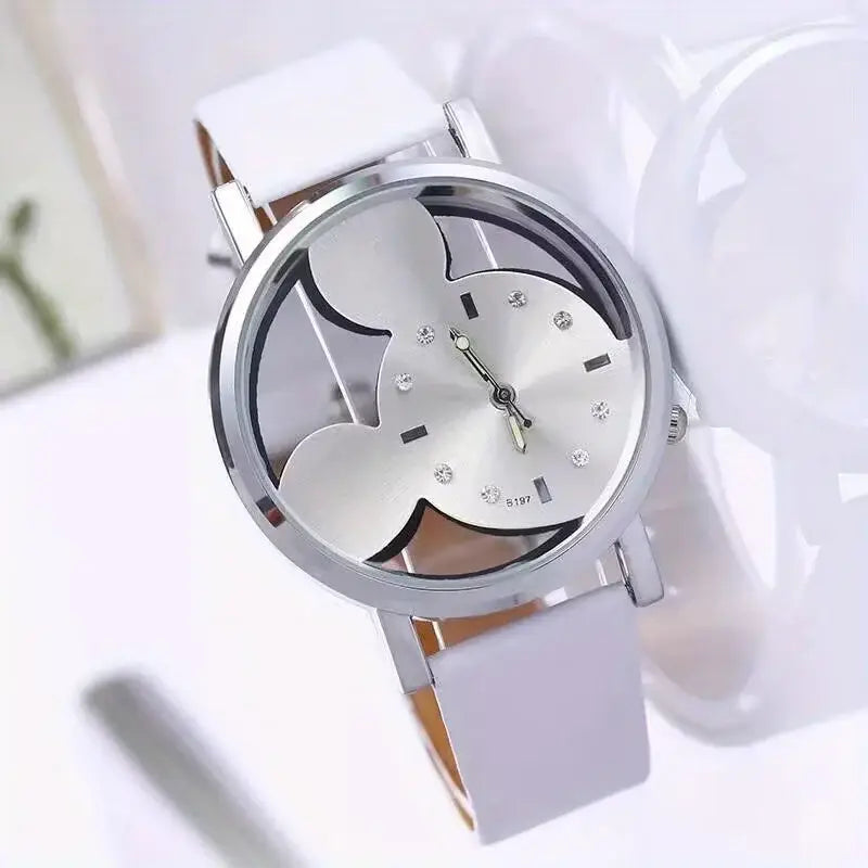 A silver Mickey Mouse leather kids quartz watch with a white leather strap and crystal accents on the face.