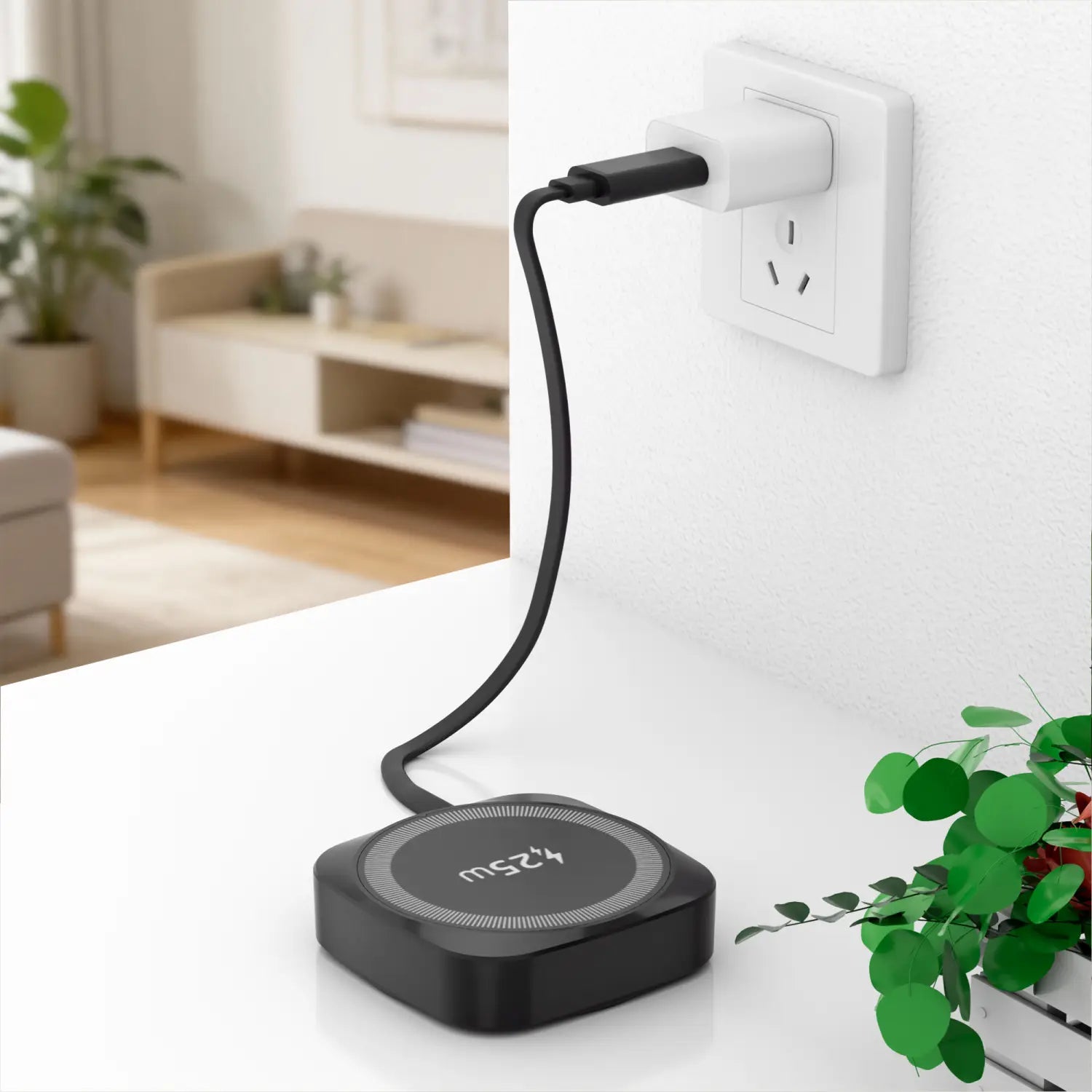 Schwarzes rechteckiges Ladegerät für kabelloses Laden mit rundem Ladepad und 25-W-Branding für den Orange 25-W-Magnet-Ladeadapter für kabelloses Laden für iPhone.