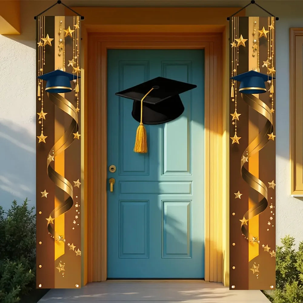 Graduation Porch Banner, Blue Gold Grad Cap & Star Curtain for Class of 2026 Graduation Party Front Door Decor