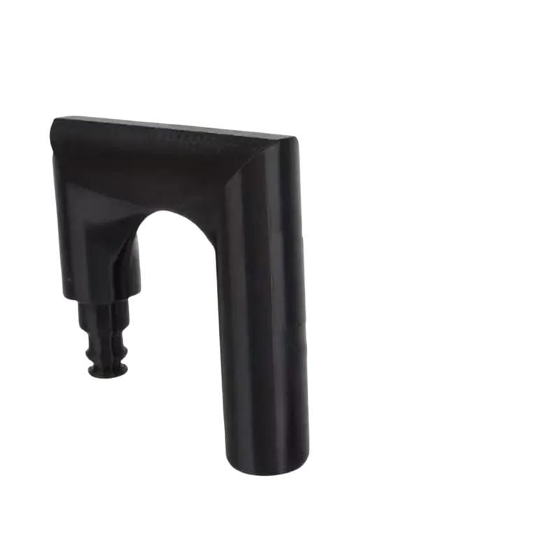 Black plastic pipe adapter with a curved arch and threaded ends made from printed PLA polylactic acid for use as a garden hose nozzle.