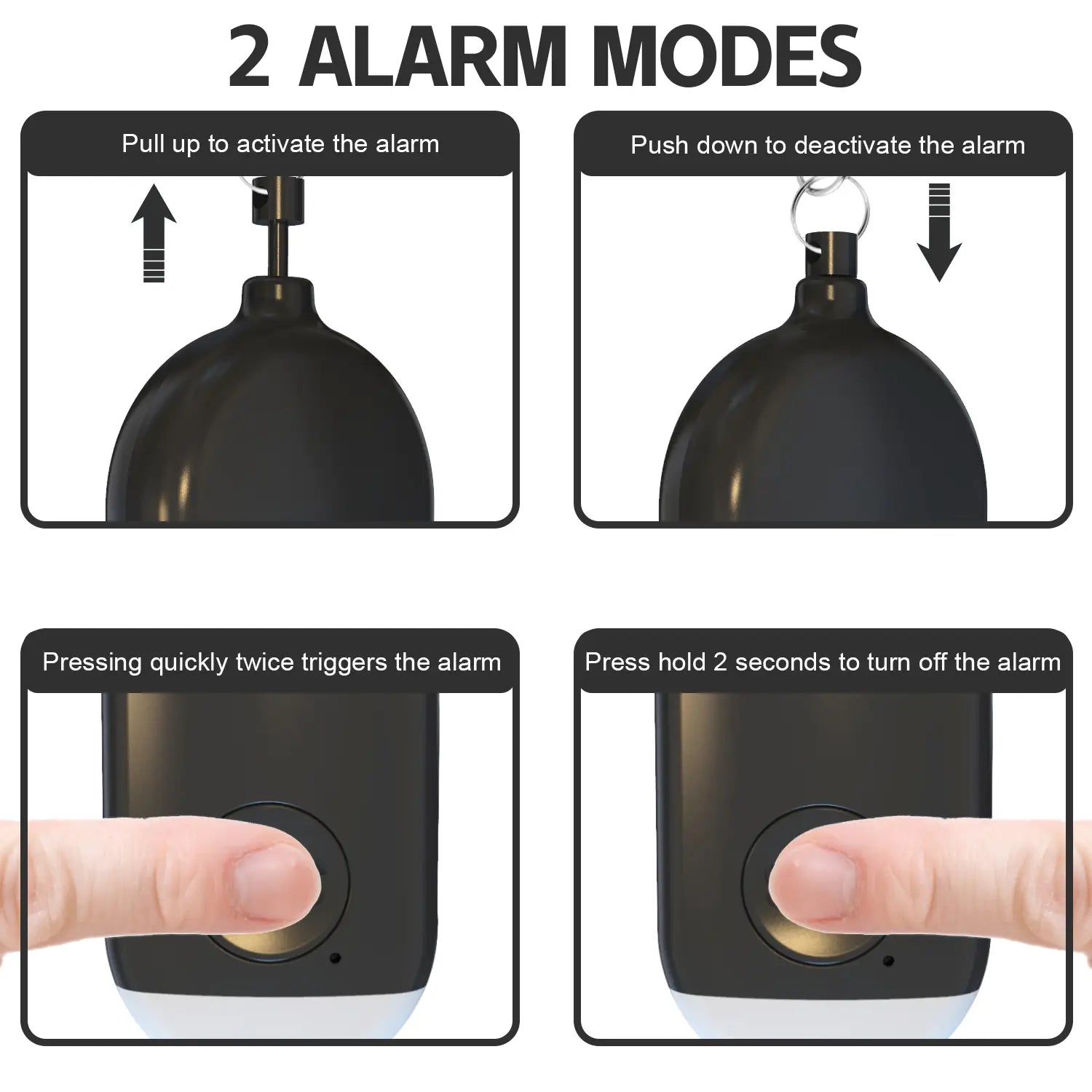 black dome-shaped rechargeable personal alarm keychain with metallic ring and circular button for activating or deactivating 130db alarms