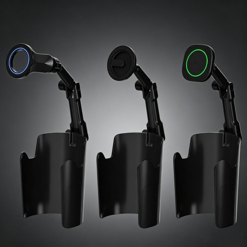 Support de téléphone noir avec bras réglable et anneau lumineux à DEL circulaire en bleu, fixé à un porte-gobelet magnétique doté d’un aimant puissant.