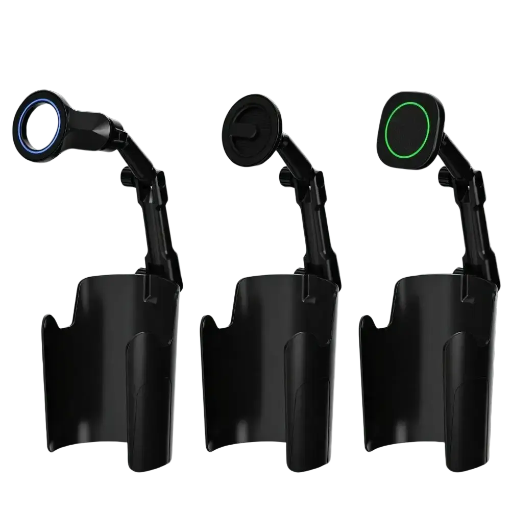 Black magnetic car phone mount cup holder with strong magnet, 360° adjustable arm, and blue white green charging pads at eye level