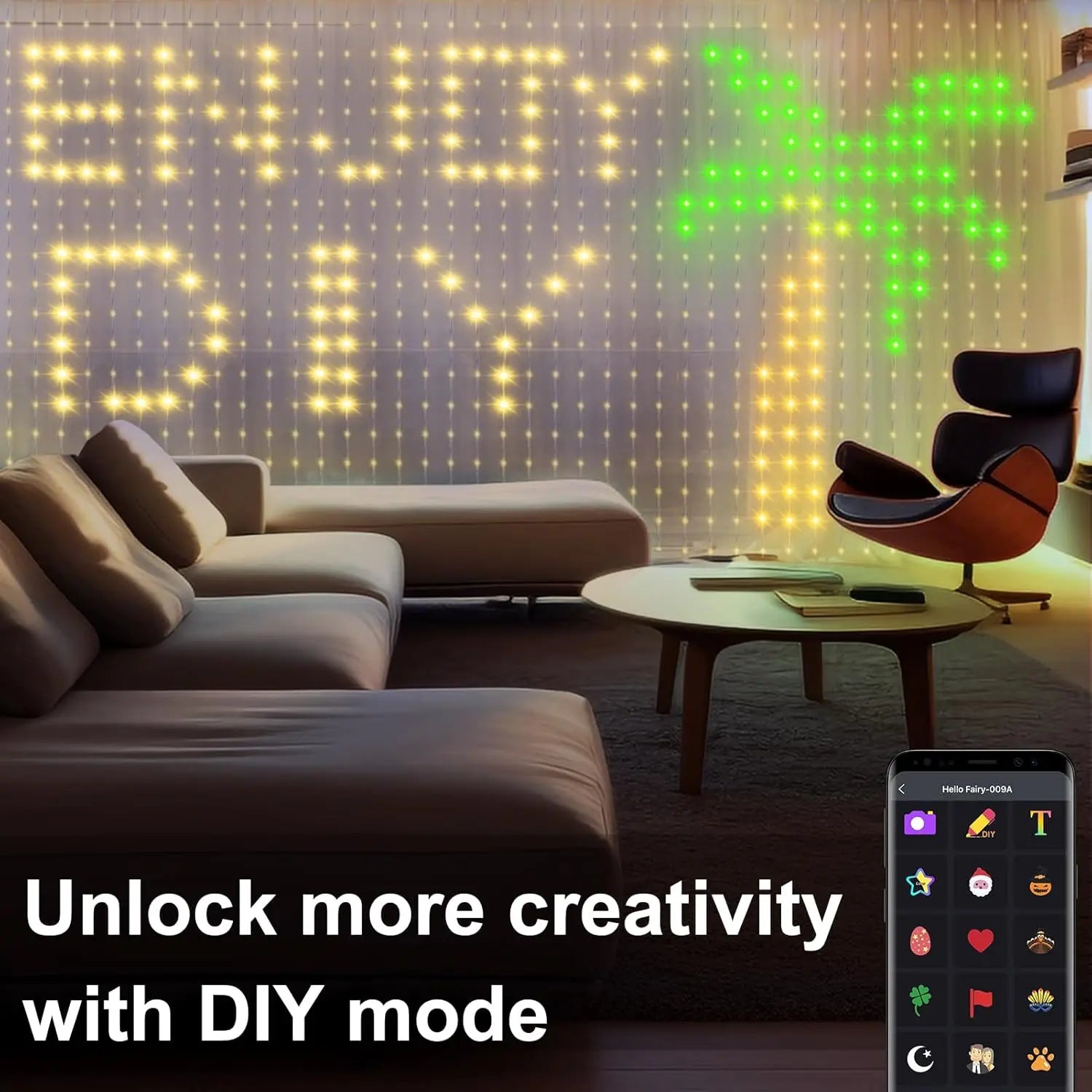 Smartes LED-Vorhanglicht RGB, per App gesteuert, für DIY-Weihnachtsdekoration; mit warmweißen und grünen beleuchteten Mustern, die Buchstaben sowie ein Palmbaum-Design bilden; mit EMV-, ROHS- und CE-Zertifizierung.