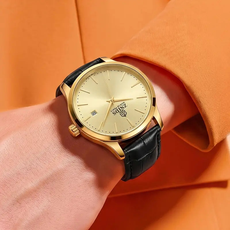 Gold-toned zands men’s automatic skeleton mechanical watch with a black leather strap and minimalist dial.