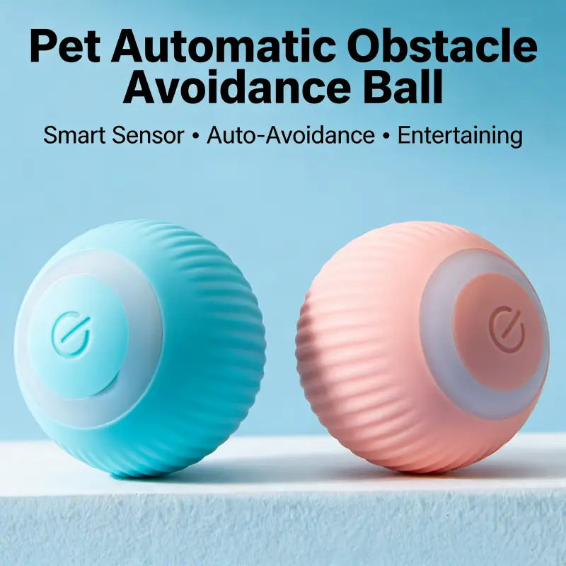 Dos pelotas automáticas de juego con rodadura suave acanalada, color azul pastel y rosa, con un botón central circular para un juego interactivo de evitación de obstáculos.