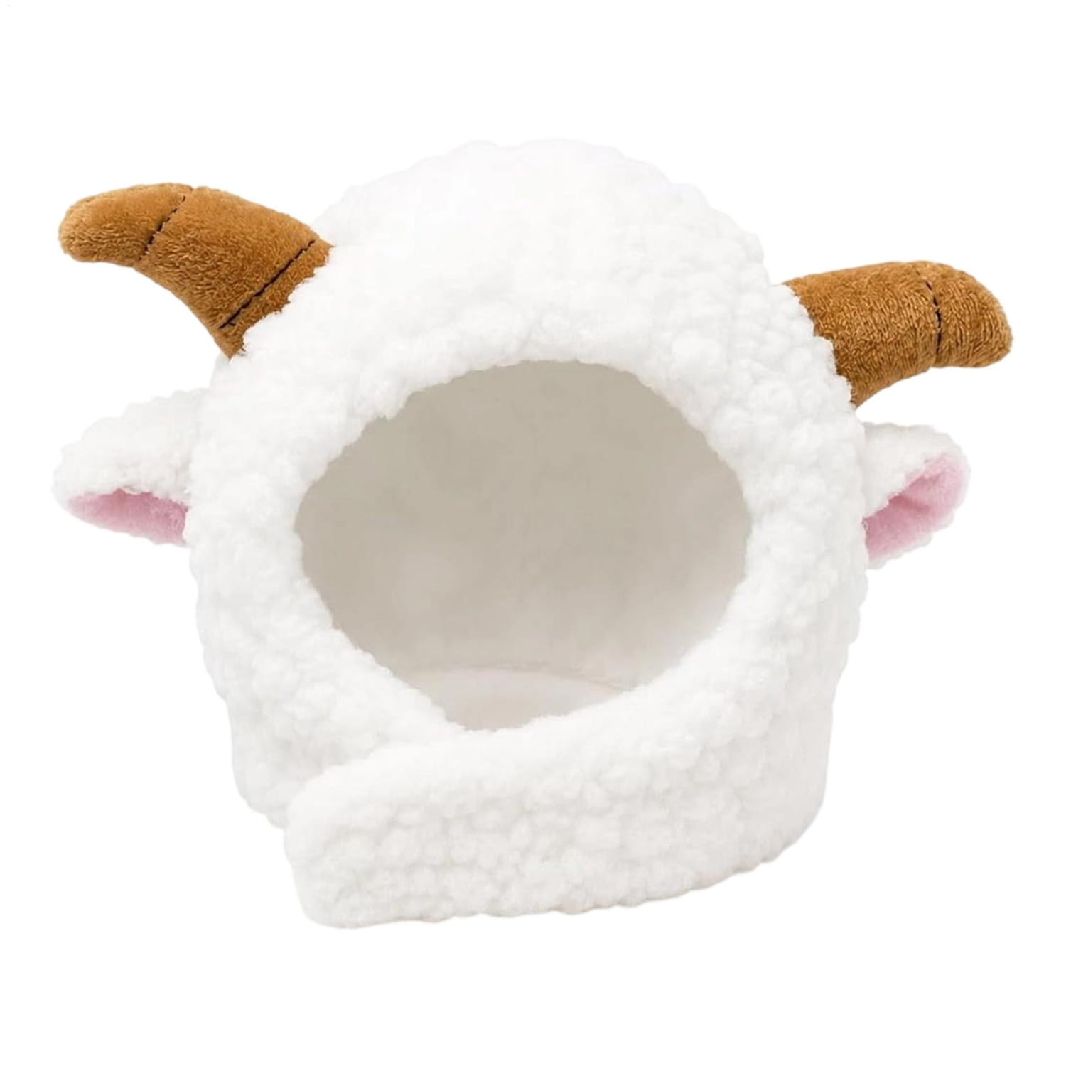white plush sheep-shaped cat headwear with brown horns and pink inner ears designed for cat winter use