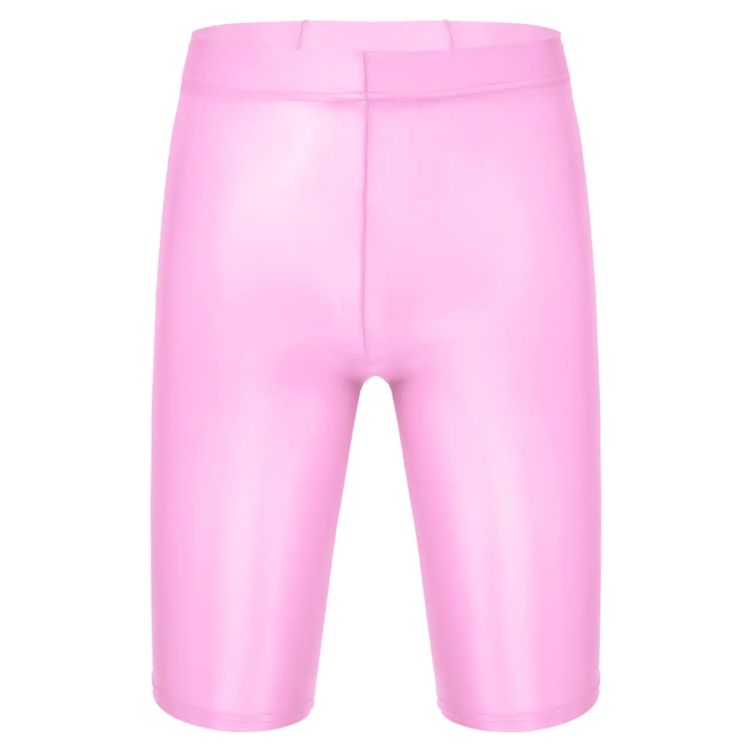Shorts de bicicleta rosa de material brillante, mostrados junto con una camiseta de compresión para hombre de manga larga y acabado brillante, destacando prendas deportivas para uso de rendimiento