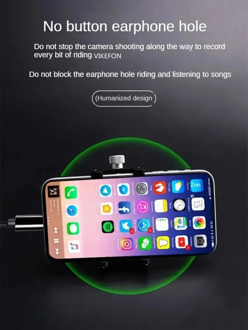 Soporte para teléfono para bicicleta de metal negro con perilla de ajuste de tapa roscada plateada, diseñada para una grabación segura y manos libres con la cámara del smartphone mientras se conduce, mostrando el reverso.